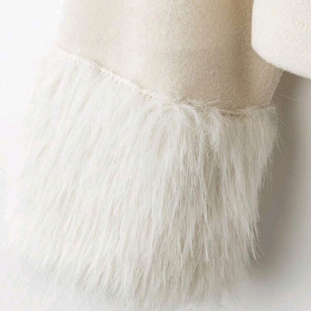 Women Elegant Solid Color Overcoat With Fur Cuff & Bow Decor, Autumn/Winter - Picture 5 of 6